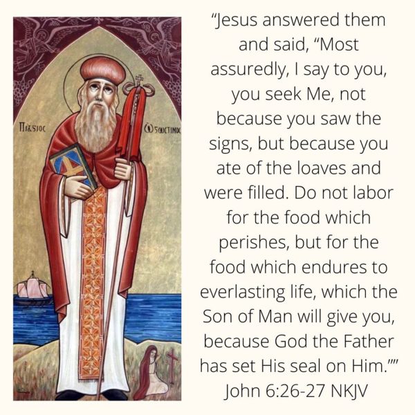 “Earthly riches are full of poverty.” – St. Augustine “Recognise in this Bread what hung on the Cross, and in this Chalice what flowed from His side.” – St. Augustine #gospel #sunday #church #gospelreading #earthlyriches #heavenlyriches #staugustine #bible #bibleverse #john #love #joy #peace #coptic #orthdox #copticchurch #jesus #god #bread #fish #sermon #preaching