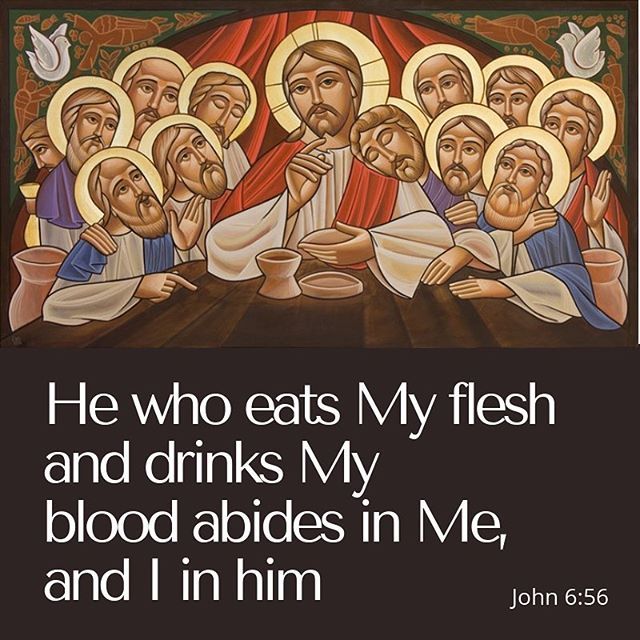 The smallest morsel of the blessing (the Eucharist) mingles with our whole body and fills us with its powerful effect. Thus Christ came to be in us and we also abide in Him.  St. Cyril the Great  #abide #eucharist #communion #dailyreadings #lent #coptic #orthodox